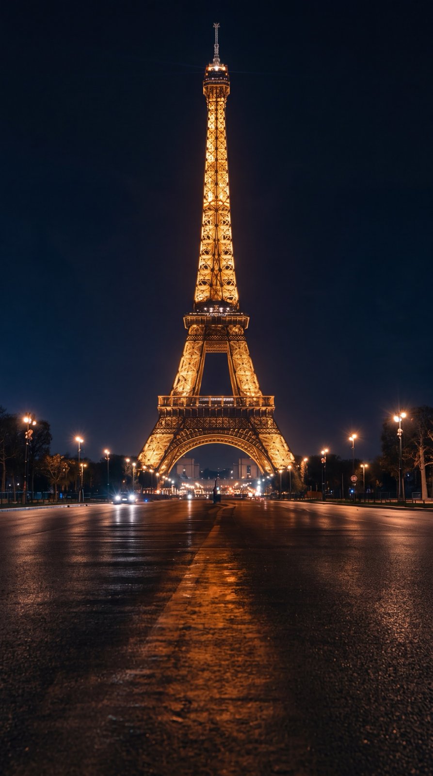 Eiffel Tower at night from an empty boulevard