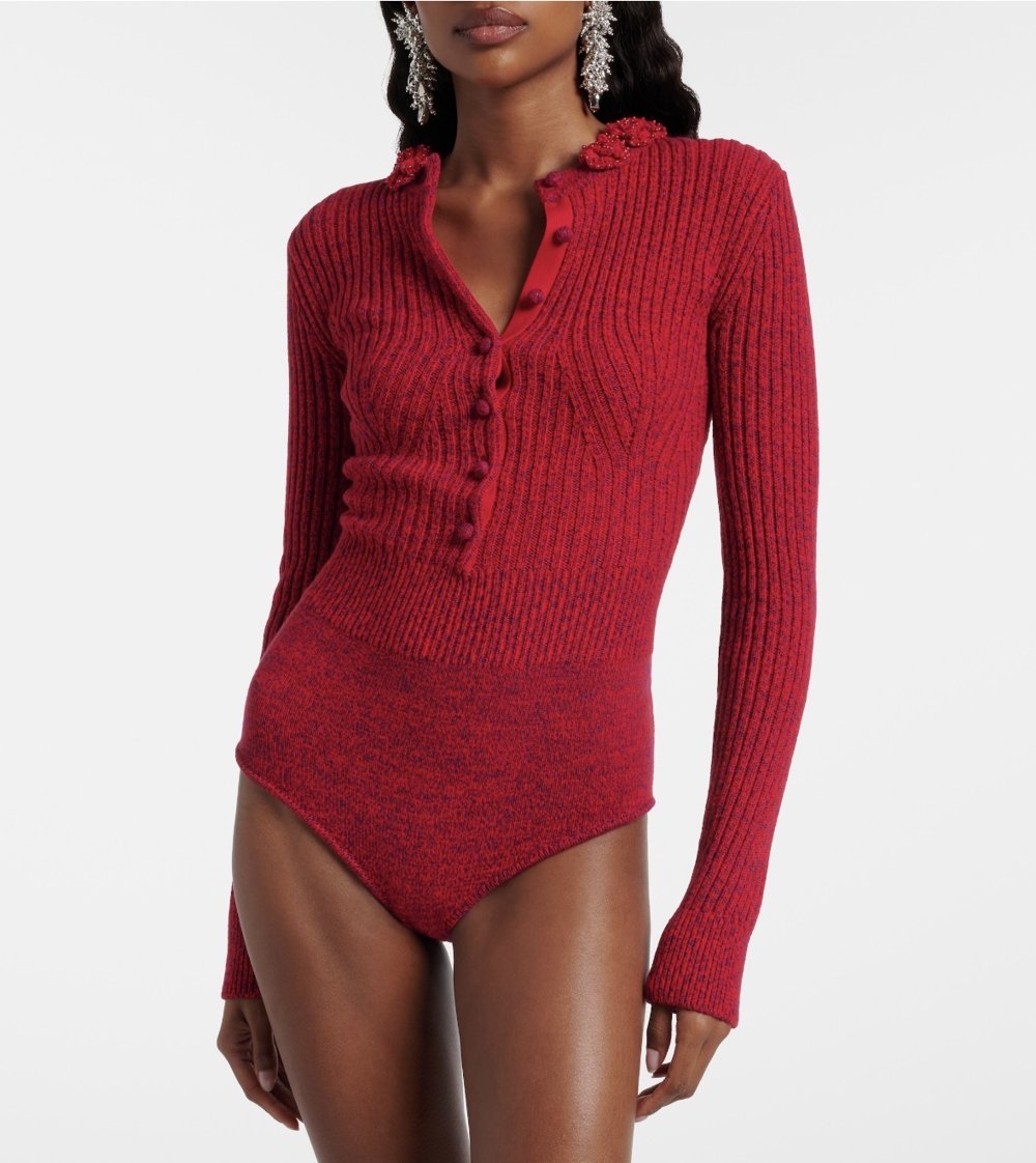 Product photo of a red ribbed knit bodysuit