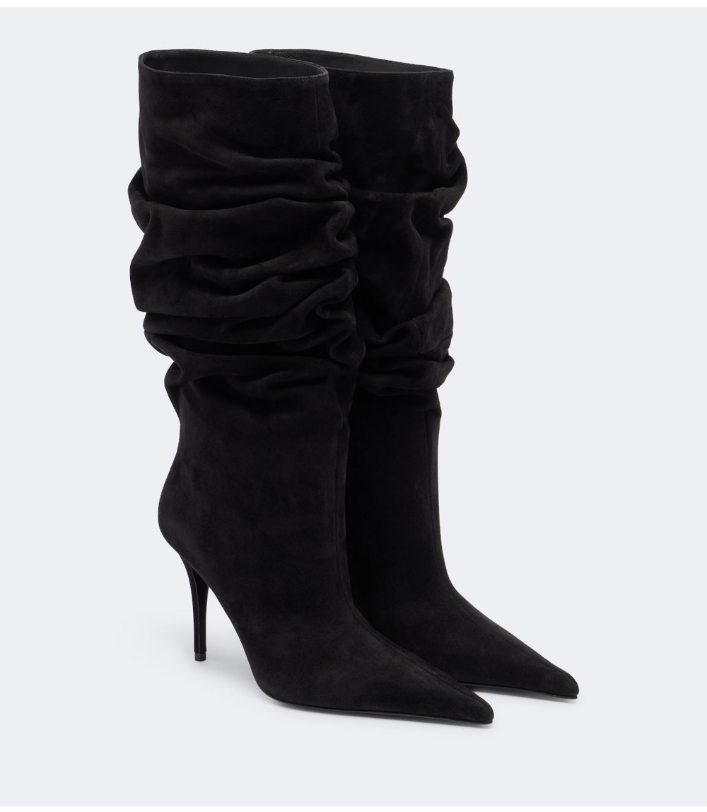 Product photo of black slouch suede heeled boots